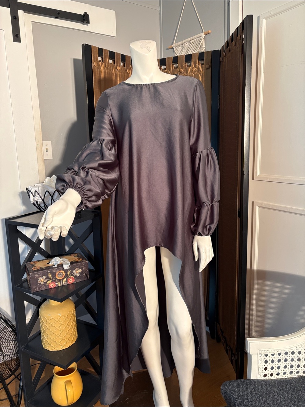 High-Low Tunic Dress with Balloon Sleeves -